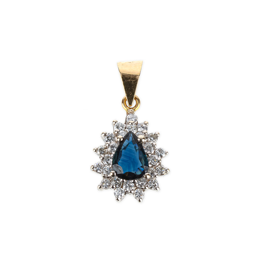 14K Yellow Gold Pear Shape Sapphire & Diamond Cluster Pendant