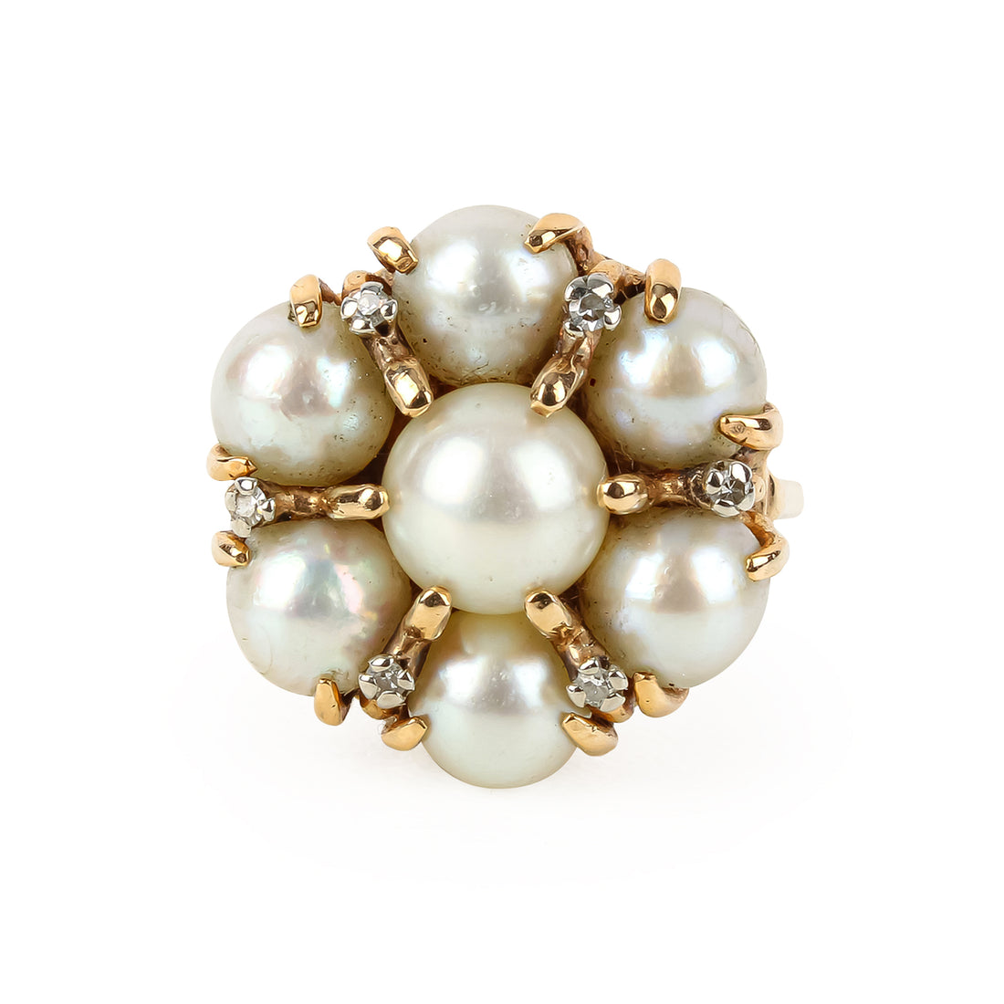 14K Yellow Gold Pearl & Diamond Cluster Ring