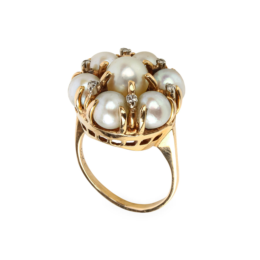 14K Yellow Gold Pearl & Diamond Cluster Ring