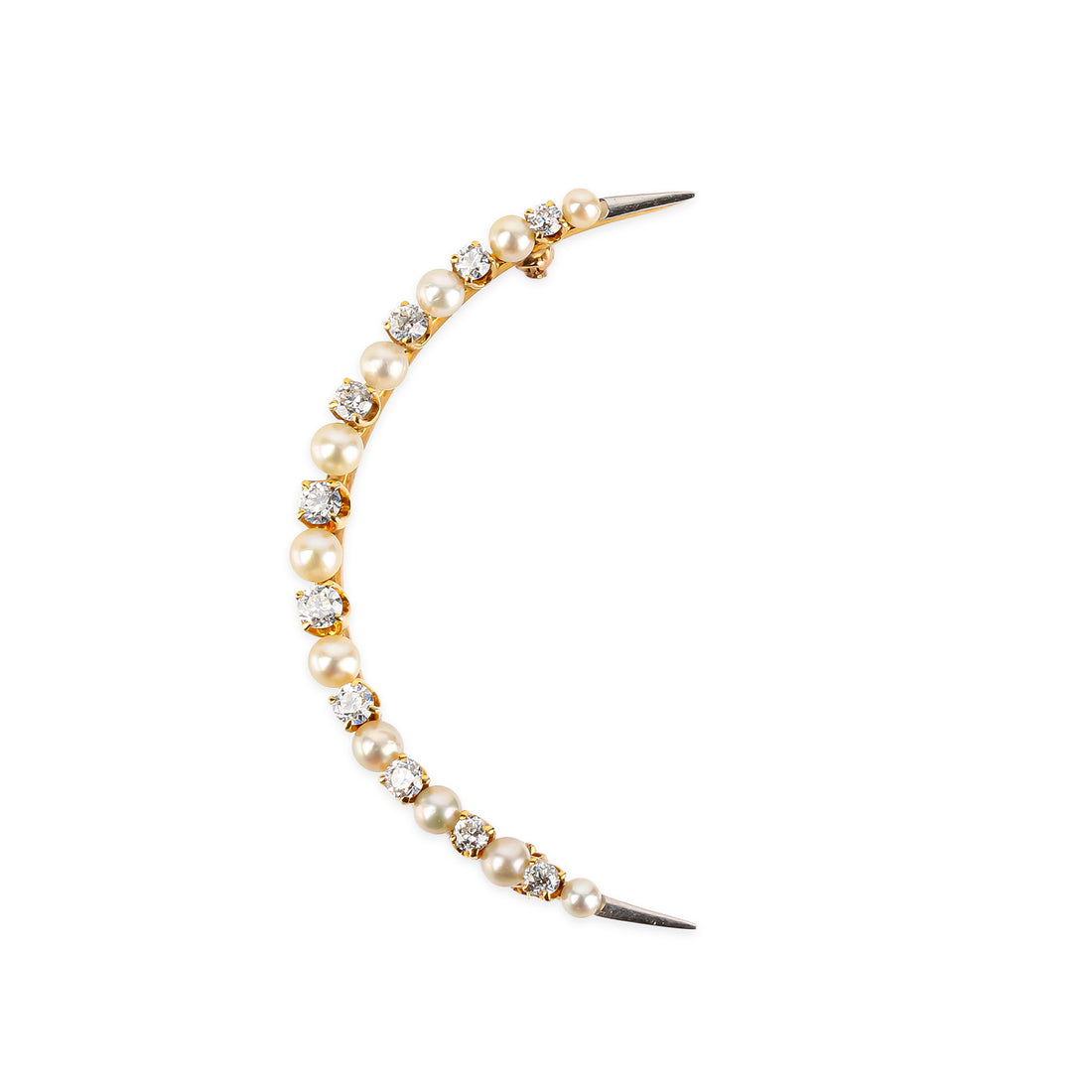 14K Yellow Gold Pearl & Diamond Moon Brooch