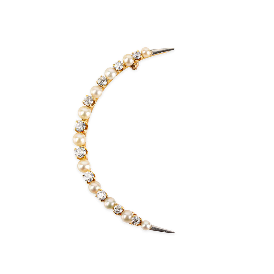 14K Yellow Gold Pearl & Diamond Moon Brooch