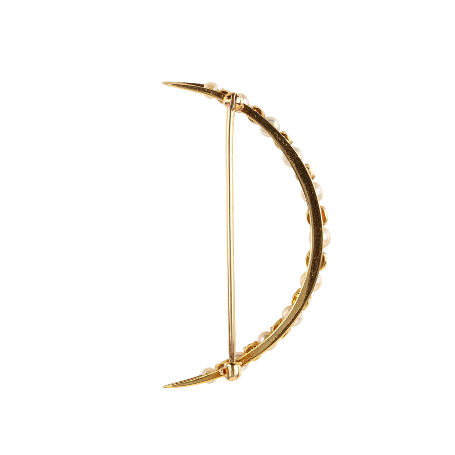 14K Yellow Gold Pearl & Diamond Moon Brooch