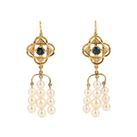 14K Yellow Gold Pearl, Sapphire, & Diamond Drop Earrings