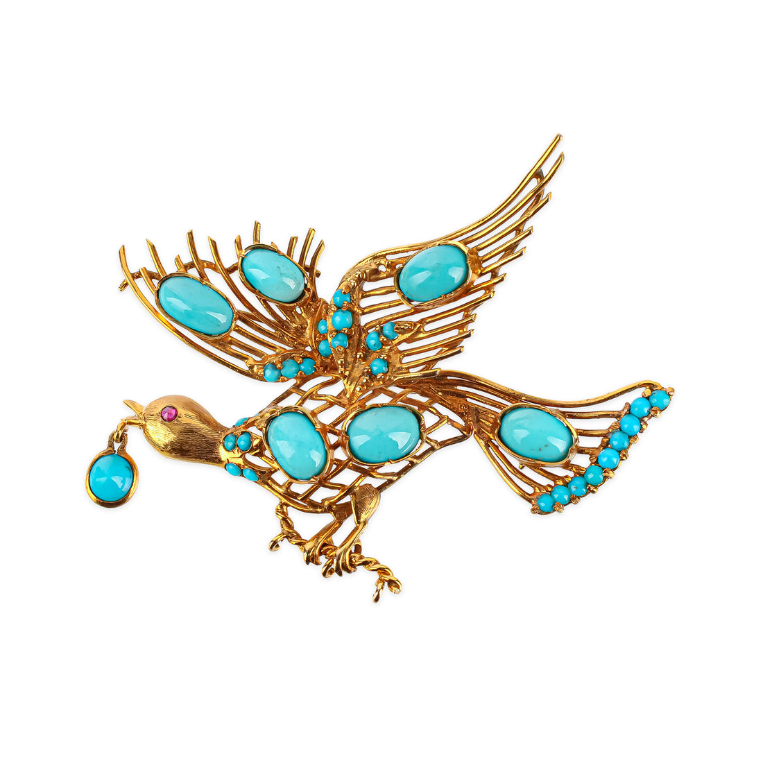 14K Yellow Gold Ruby & Turquoise Cabochon Bird Brooch