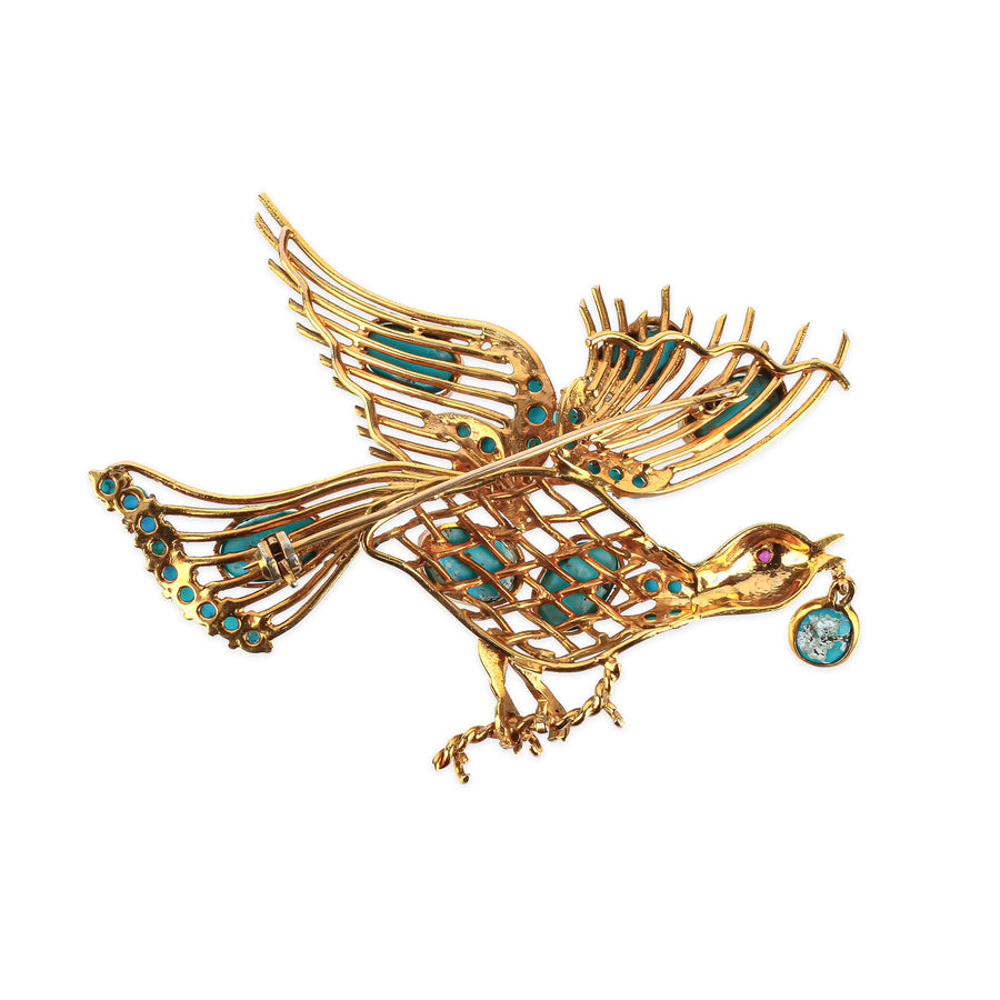 14K Yellow Gold Ruby & Turquoise Cabochon Bird Brooch