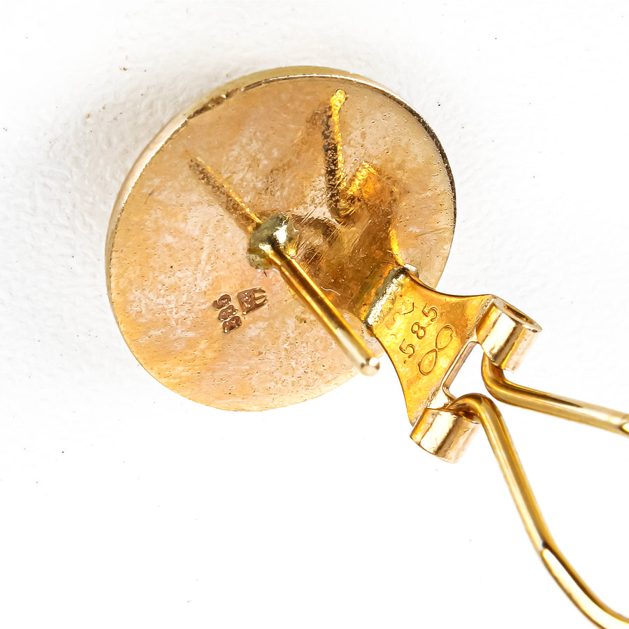 14K Yellow Gold Satin Finish Diamond Disc Omega Earrings