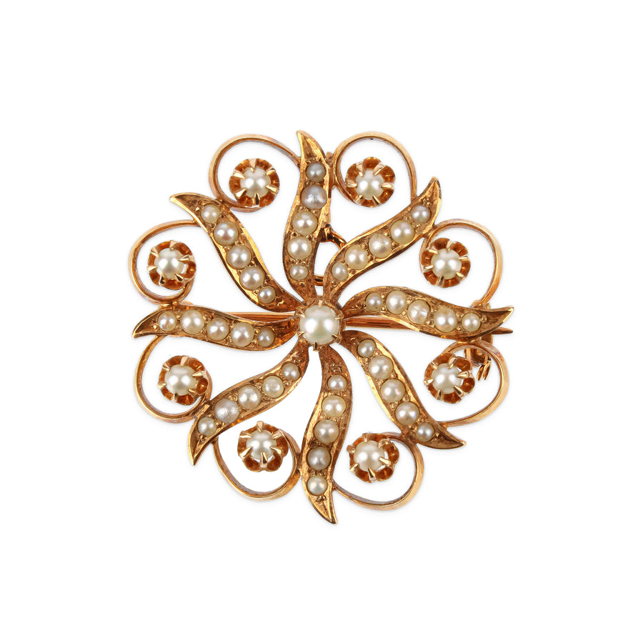 14K Yellow Gold Seed Pearl Flower Pin Pendant
