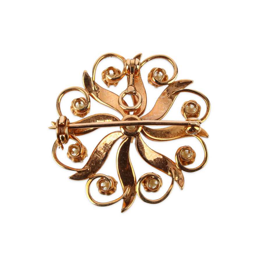 14K Yellow Gold Seed Pearl Flower Pin Pendant