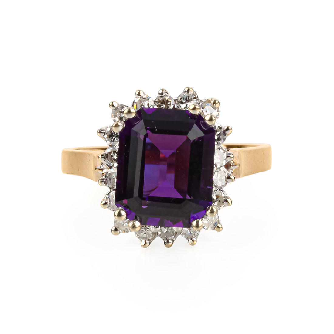 14K Yellow & White Gold Synthetic Amethyst & Diamond Cluster Ring