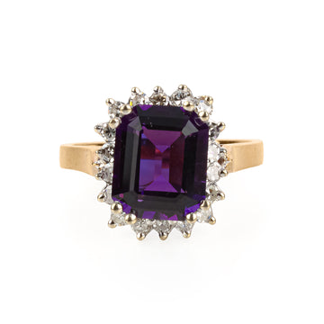 14K Yellow & White Gold Synthetic Amethyst & Diamond Cluster Ring