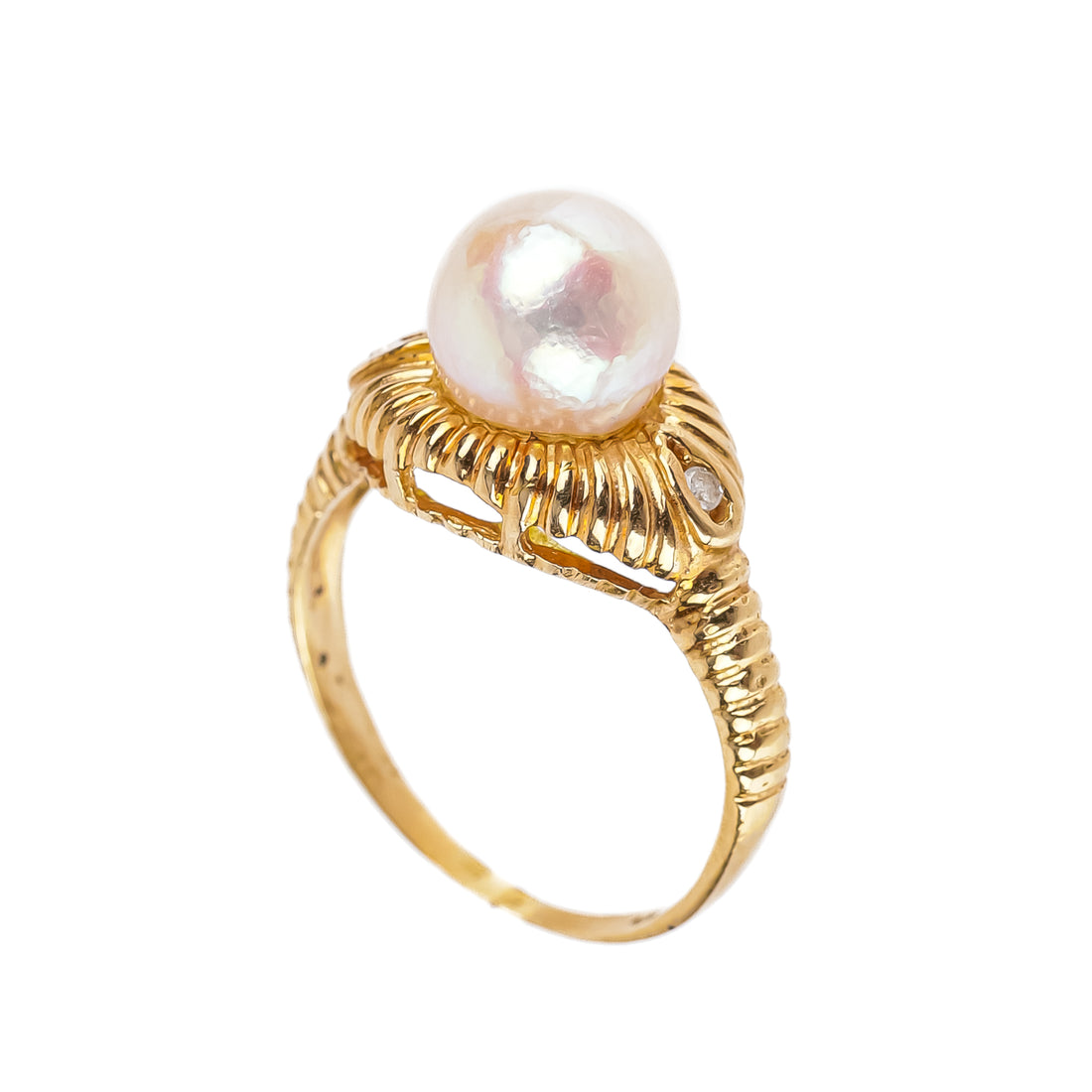 14K Yellow Gold Cultured Pearl Diamond Ring