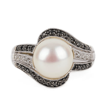 10K White Gold Pearl Black White Diamond Ring