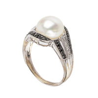 10K White Gold Pearl Black White Diamond Ring