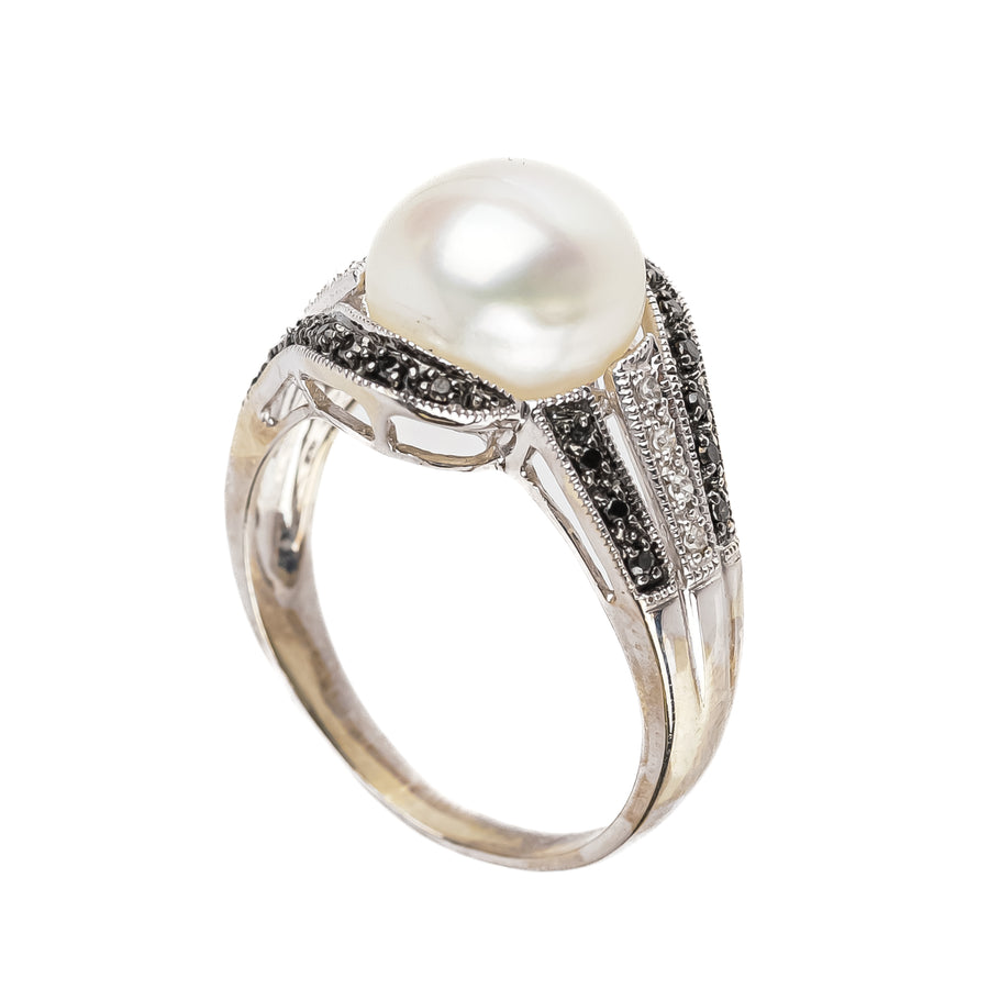 10K White Gold Pearl Black White Diamond Ring