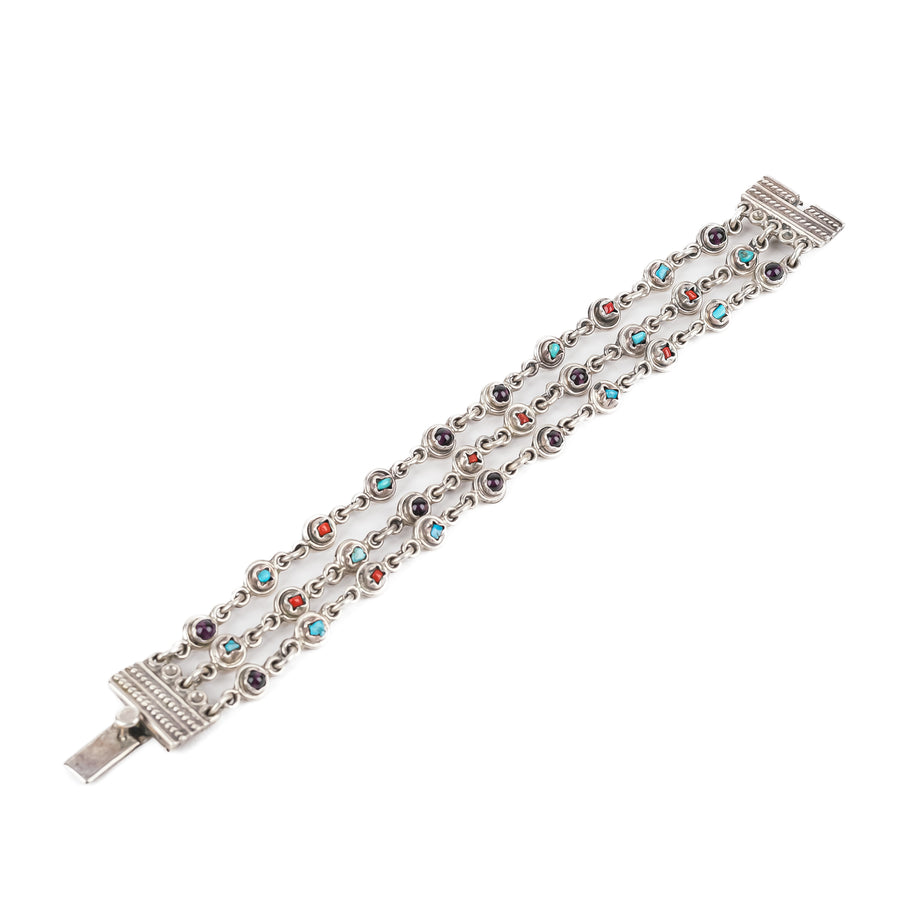 Sterling Amethyst Coral Turquoise Three Strand Bracelet