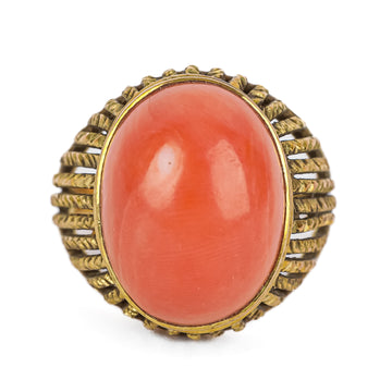 18K Yellow Gold Coral Cabochon Ring