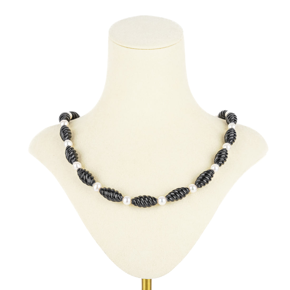 14K Yellow Gold Carved Spiral Onyx Bead Pearl Necklace