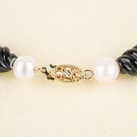 14K Yellow Gold Carved Spiral Onyx Bead Pearl Necklace