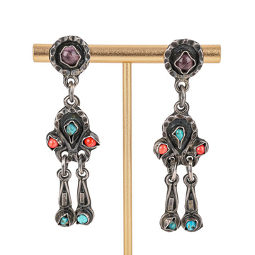 TAXCO Sterling Coral Amethyst Turquoise Hinged Drop Earrings