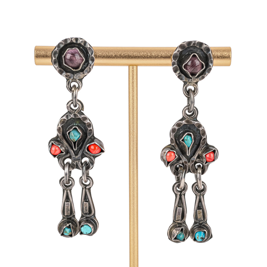 TAXCO Sterling Coral Amethyst Turquoise Hinged Drop Earrings