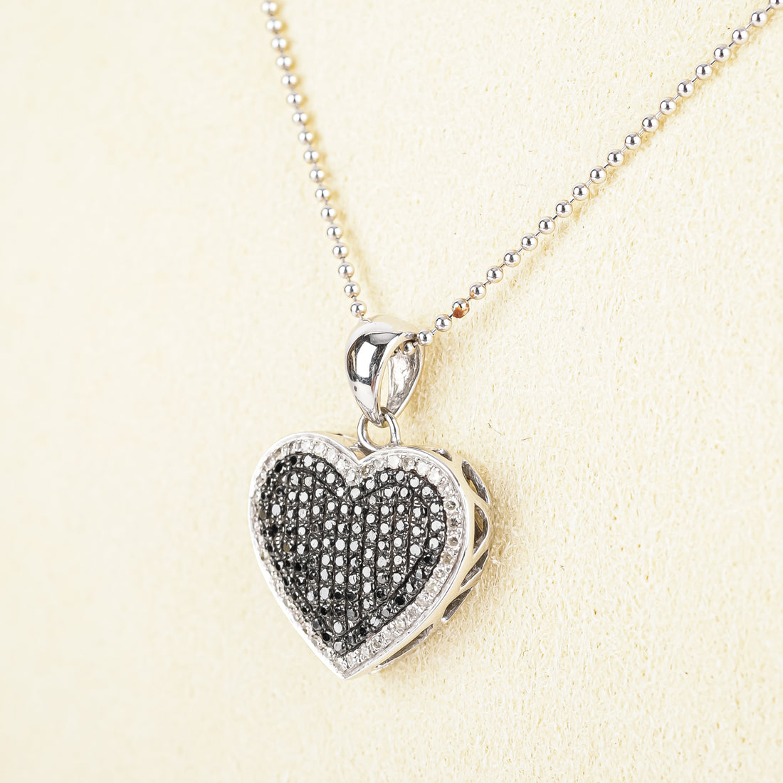 18K & 14K White Gold Black White Diamond Heart Pendant Necklace