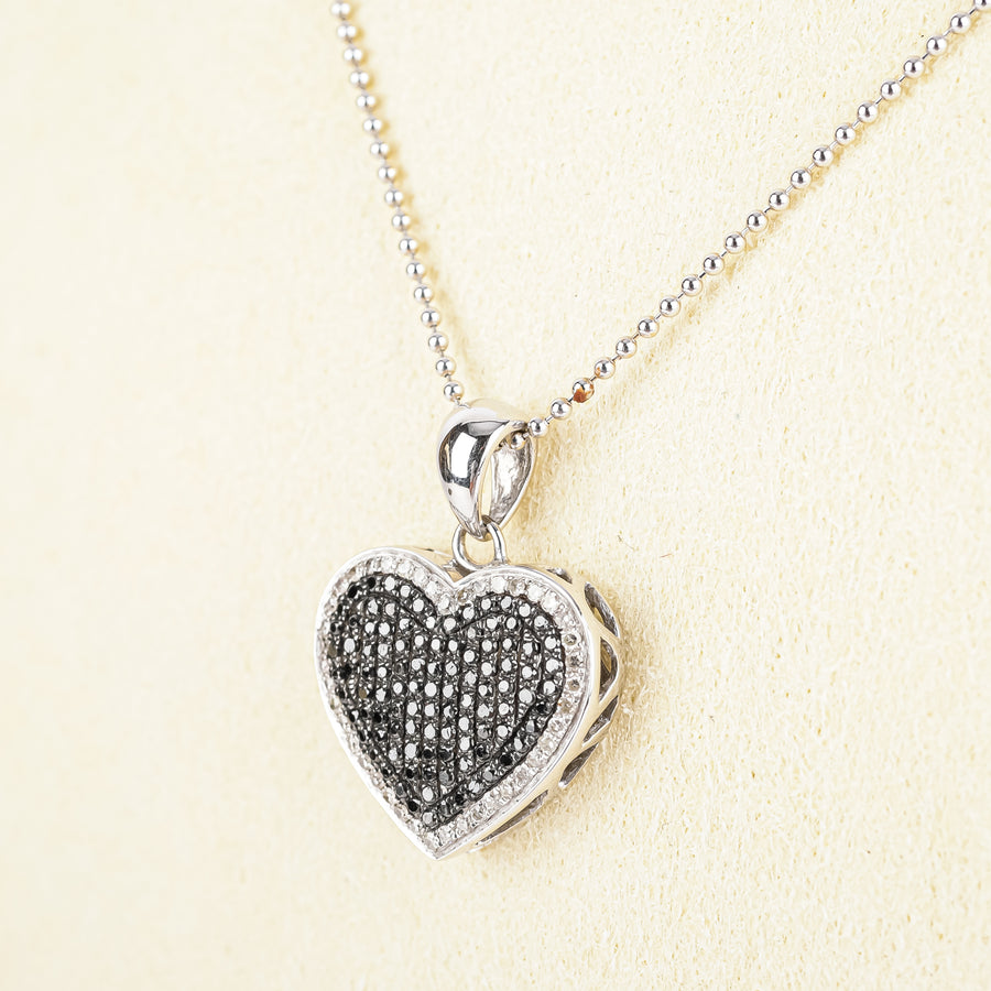 18K & 14K White Gold Black White Diamond Heart Pendant Necklace