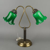 Brass Finish Two Arm Desk Lamp With Green Shades