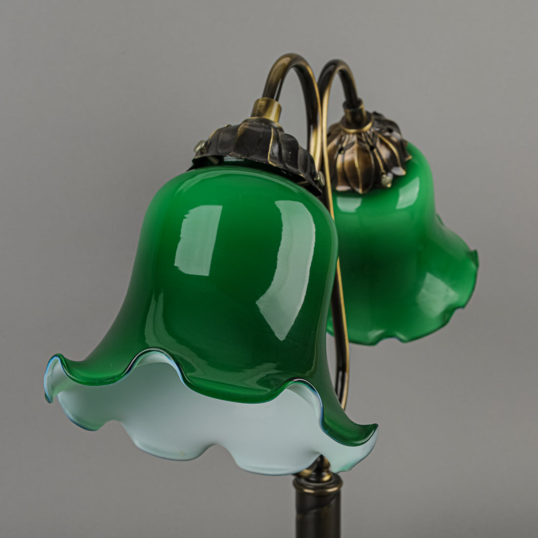 Brass Finish Two Arm Desk Lamp With Green Shades