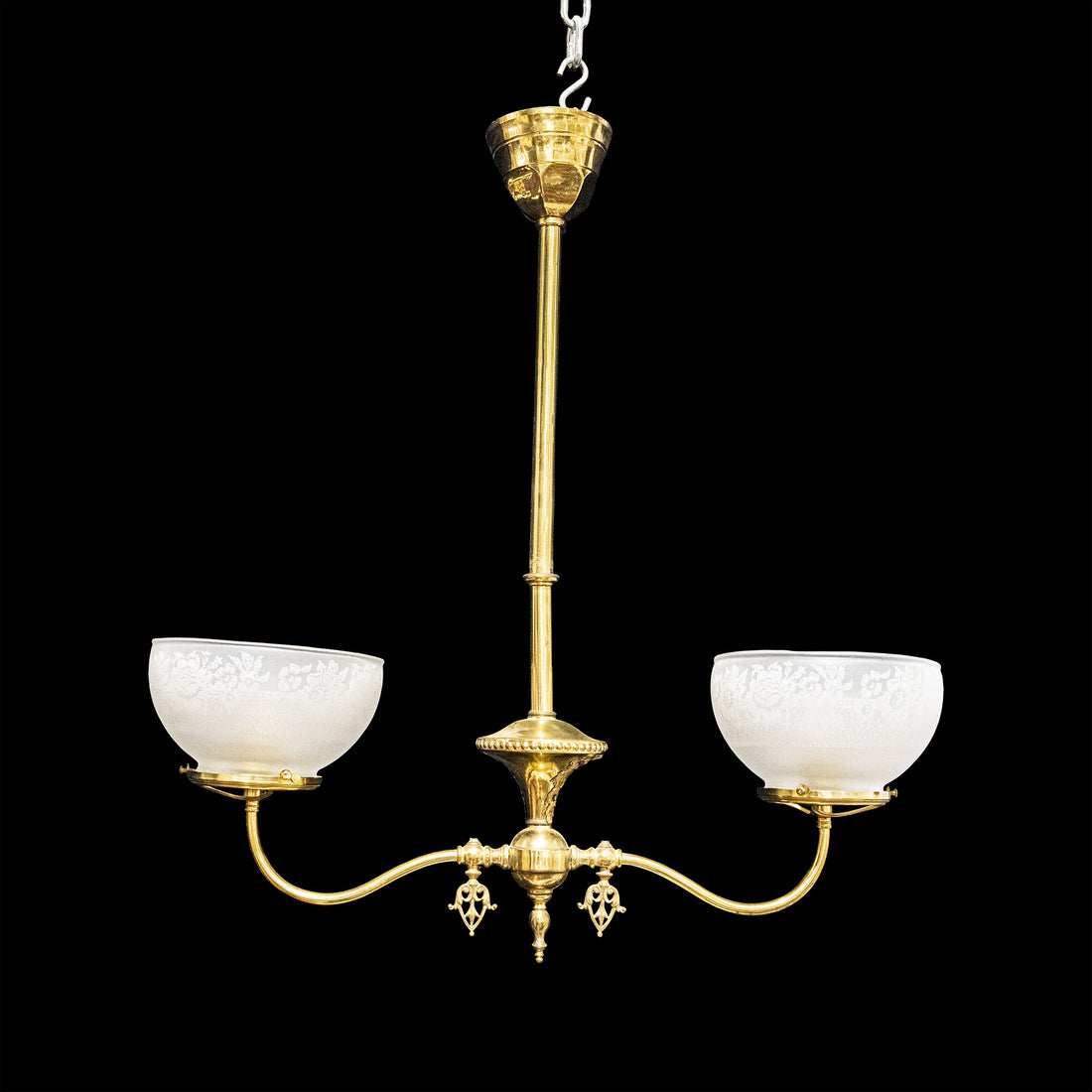 Edwardian Brass 2 Light Converted Gas Fixture W/Glass Shades