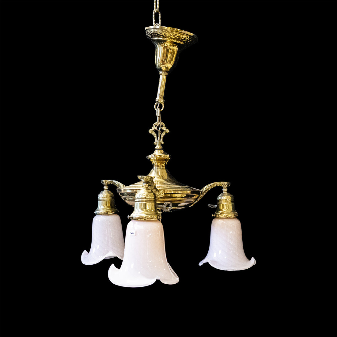 Brass Pan 3 Light Fixture W/Pink Glass Shades