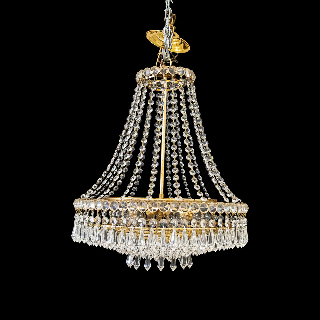 Empire Style Brass 6 Light Tiered Fixture W/Crystal Drops