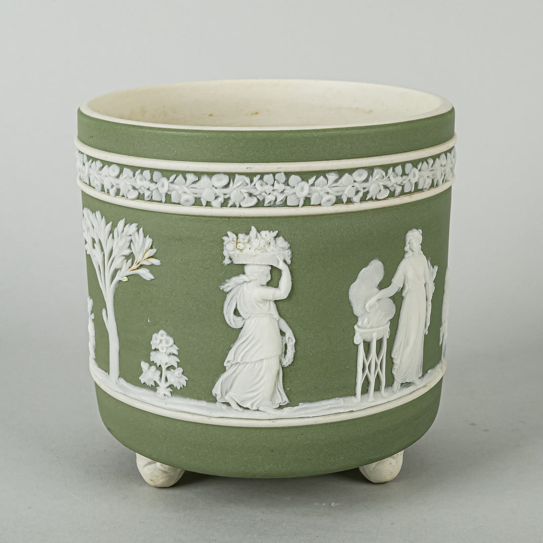 WEDGWOOD White On Green Jasperware Footed Cachepot