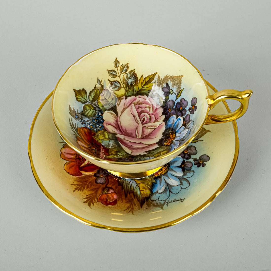 AYNSLEY Cup & Saucer JA Bailey Cabbage Rose Floral, Cream