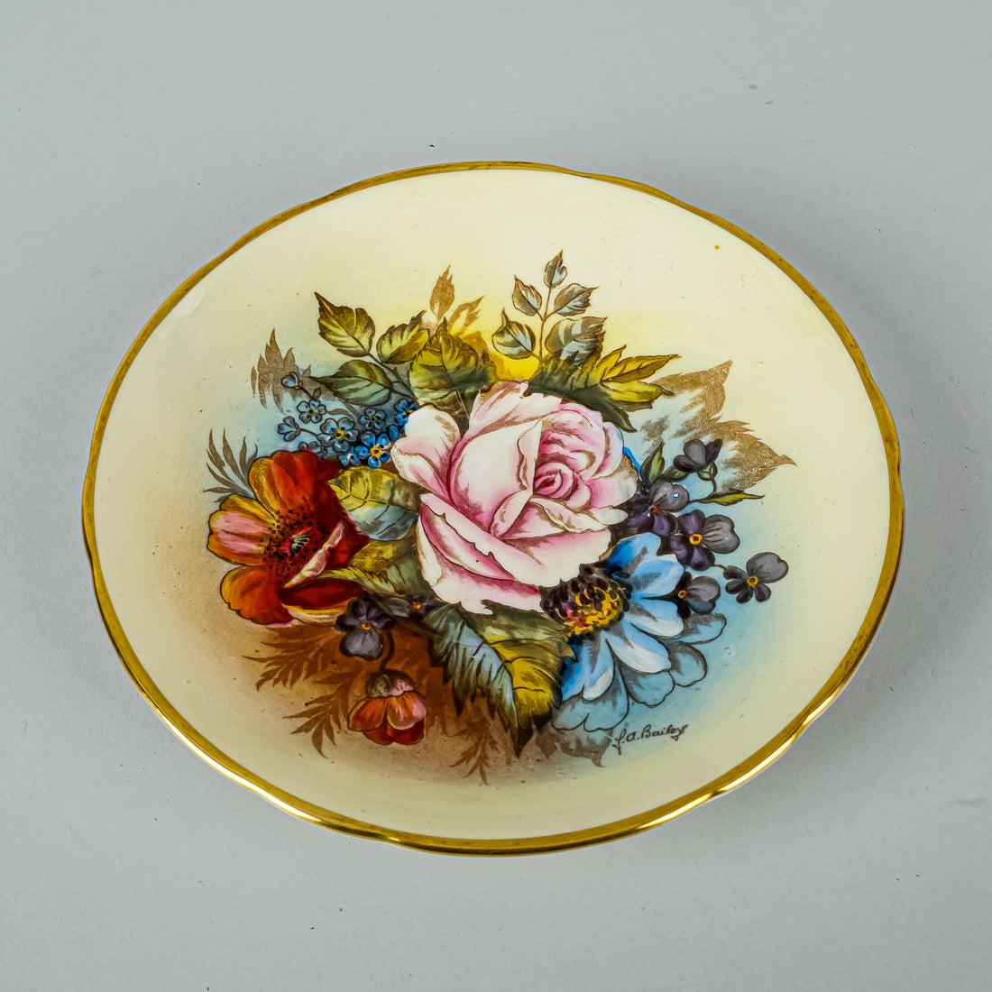 AYNSLEY Cup & Saucer JA Bailey Cabbage Rose Floral, Cream