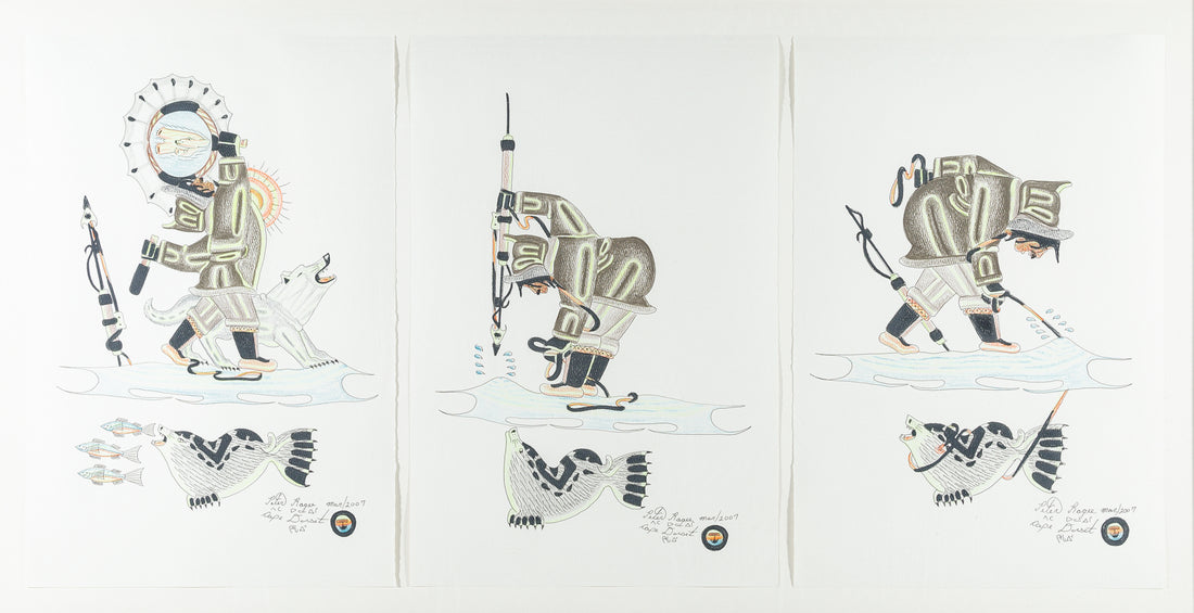 Peter Ragee (Cape Dorset, 1955) Framed Triptych Of Seal And Hunter
