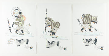 Peter Ragee (Cape Dorset, 1955) Framed Triptych Of Seal And Hunter