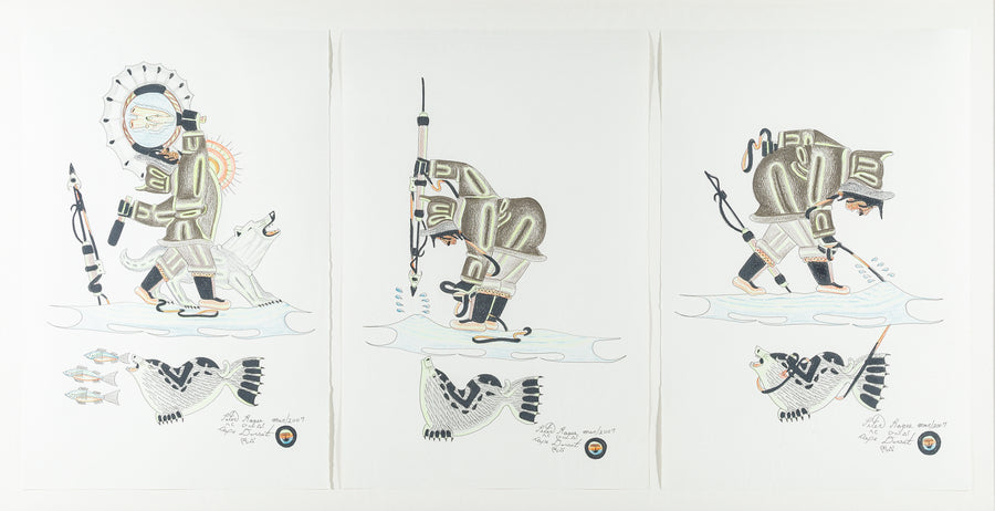 Peter Ragee (Cape Dorset, 1955) Framed Triptych Of Seal And Hunter