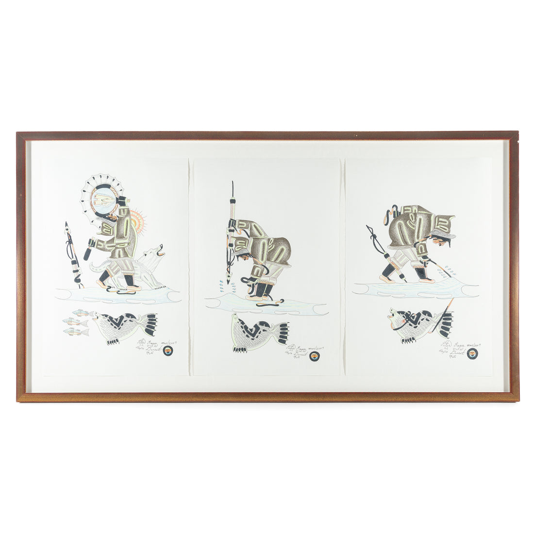 Peter Ragee (Cape Dorset, 1955) Framed Triptych Of Seal And Hunter
