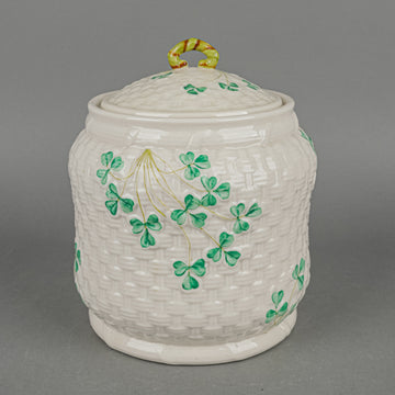 BELLEEK Shamrock Basketweave Lidded Biscuit Barrel