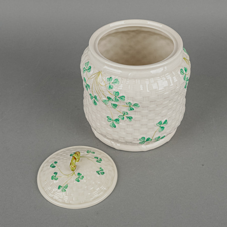 BELLEEK Shamrock Basketweave Lidded Biscuit Barrel