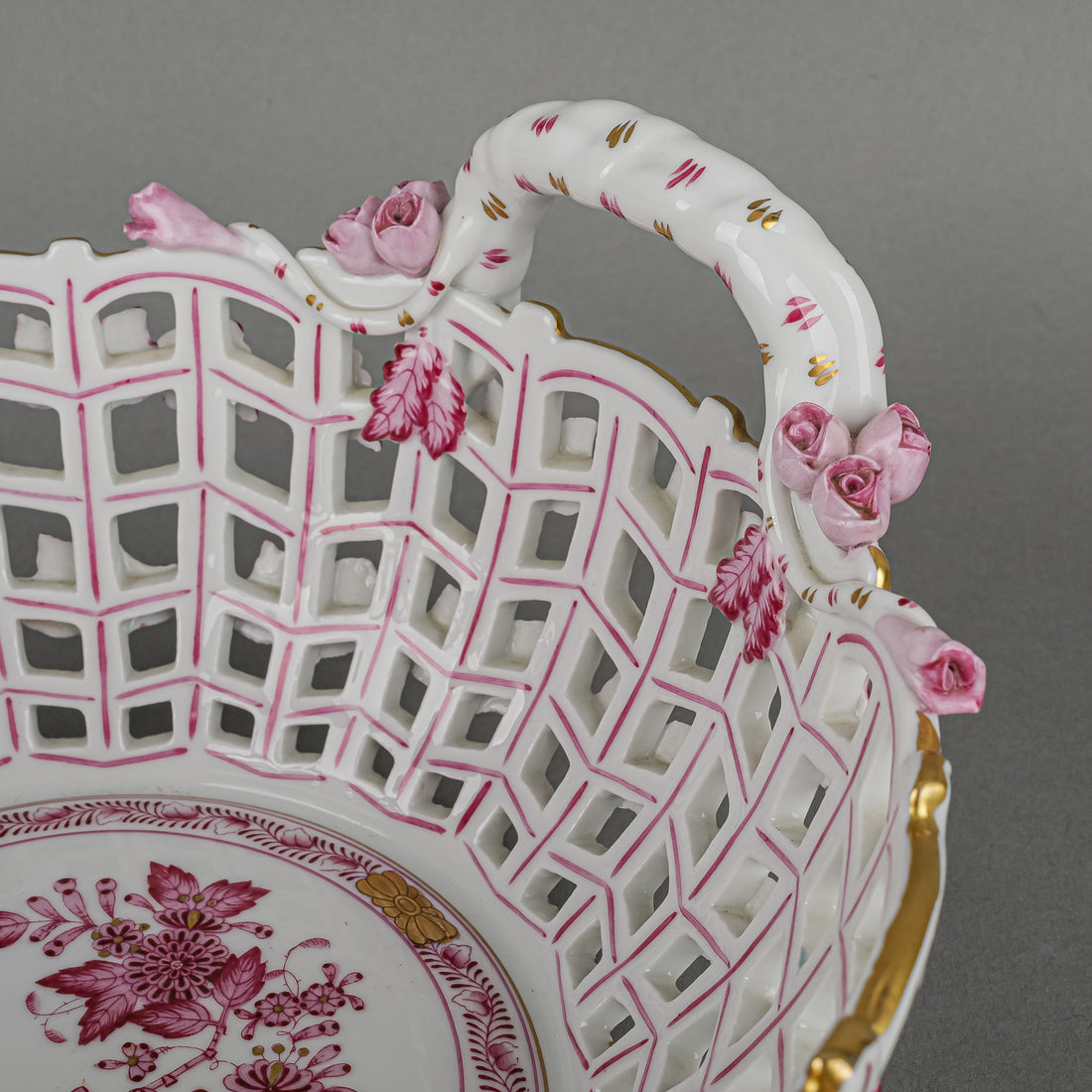HEREND Indian Basket Pink Open Work/Pierced Basket
