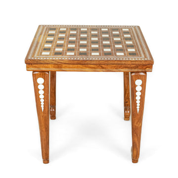 Inlaid Teak Chess Table With Chess Pieces