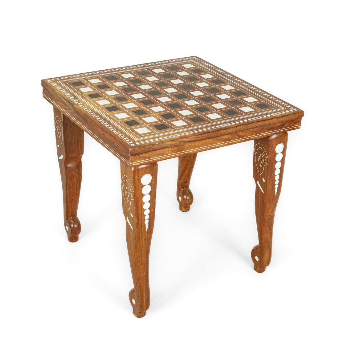 Inlaid Teak Chess Table With Chess Pieces