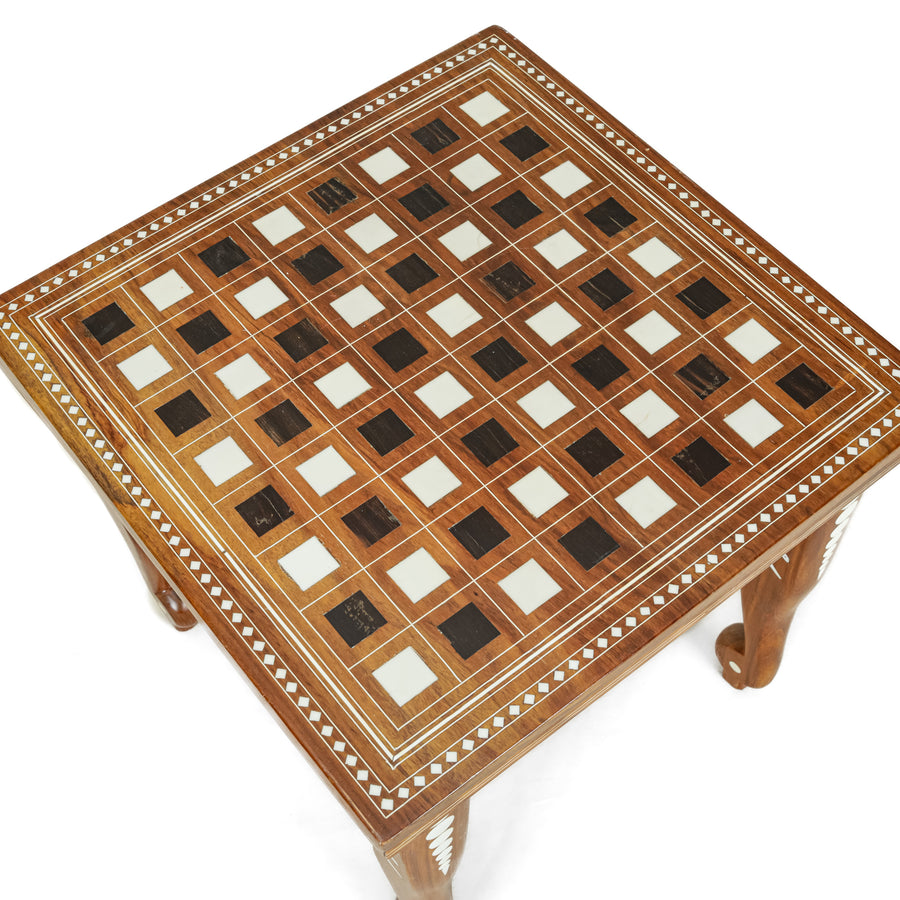 Inlaid Teak Chess Table With Chess Pieces