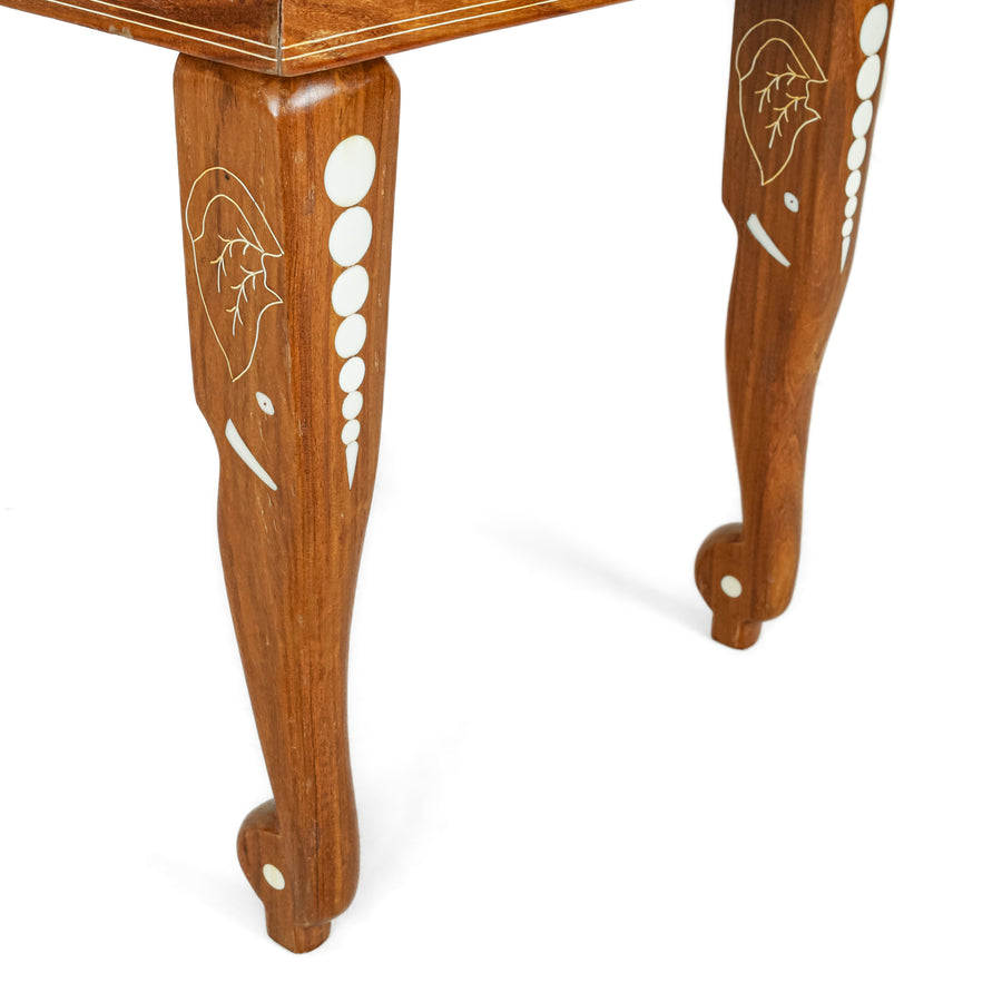 Inlaid Teak Chess Table With Chess Pieces