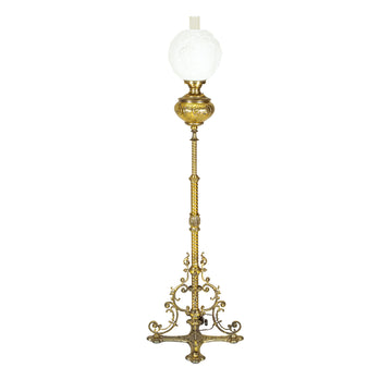 Vintage Brass Converted Oil Lamp Floor Lamp w/Glass Globe & Hurricane