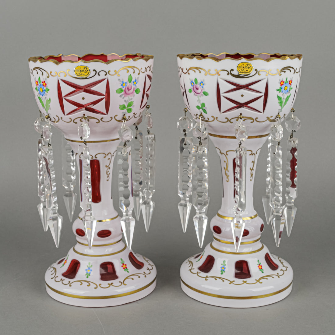 BOHEMIA Crystal Hand Painted White Cased Cranberry Lustres Set of 2