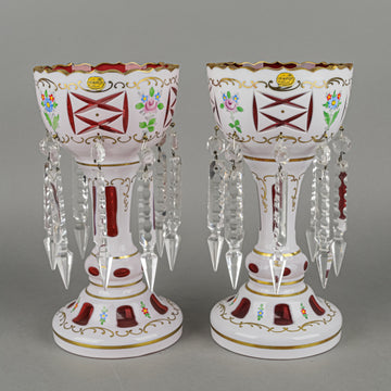 BOHEMIA Crystal Hand Painted White Cased Cranberry Lustres Set of 2