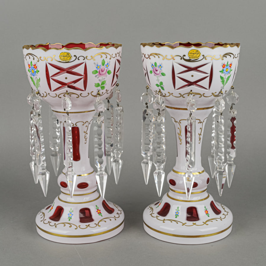 BOHEMIA Crystal Hand Painted White Cased Cranberry Lustres Set of 2