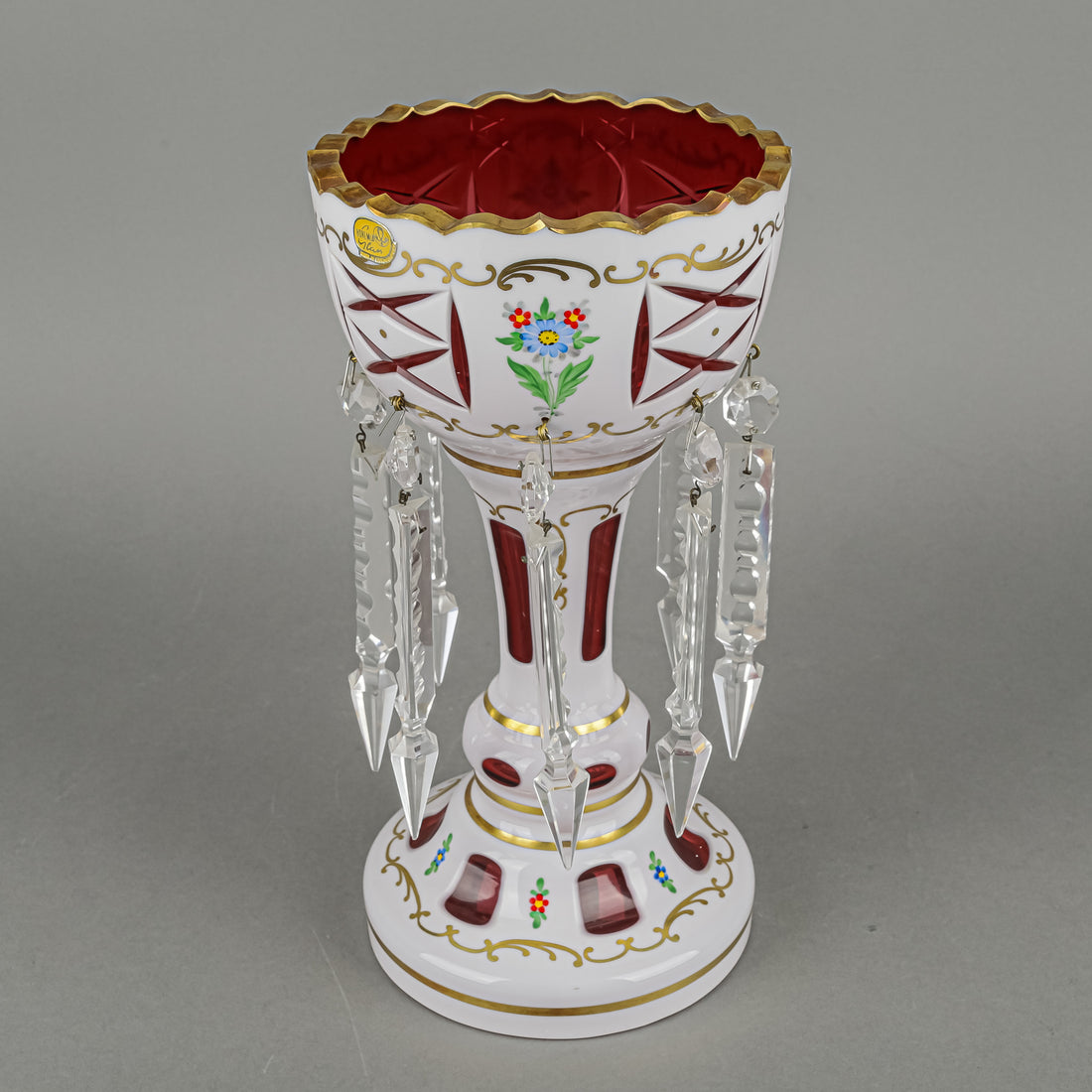 BOHEMIA Crystal Hand Painted White Cased Cranberry Lustres Set of 2
